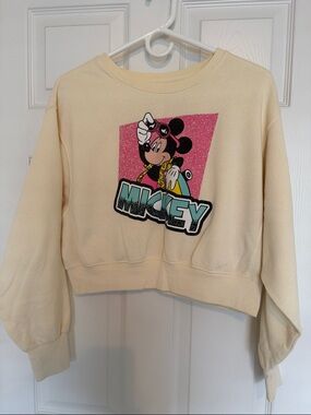 Mickey Graphic Cropped Sweatshirt - Cream with Pink & Teal